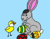 Disegno Pulcino, coniglietto e uova  pitturato su deian