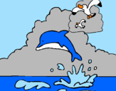Disegno Delfino e gabbiano  pitturato su balena