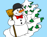 Disegno Pupazzo di neve e albero di Natale pitturato su sara