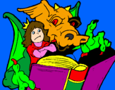 Disegno Drago, ragazza e libro pitturato su diego