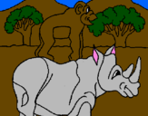 Disegno Rinoceronte e scimmietta  pitturato su giulio