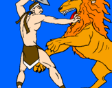 Disegno Gladiatore contro un leone pitturato su etnys