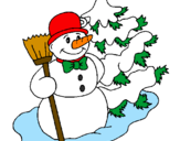 Disegno Pupazzo di neve e albero di Natale pitturato su ale