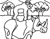 Disegno Rinoceronte e scimmietta  pitturato su nino