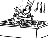 Disegno Cuoco in cucina  pitturato su berni