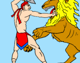 Disegno Gladiatore contro un leone pitturato su diego