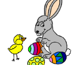 Disegno Pulcino, coniglietto e uova  pitturato su anna