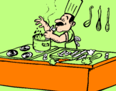 Disegno Cuoco in cucina  pitturato su nahuel e thiago