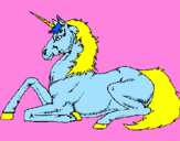 Disegno Unicorno seduto  pitturato su sara