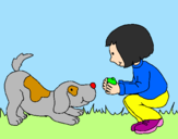 Disegno Bambina che gioca con il cagnolino  pitturato su AURORA