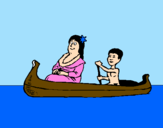 Disegno Madre e figlio in canoa  pitturato su sara