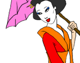 Disegno Geisha con parasole pitturato su piero   