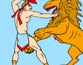 Disegno Gladiatore contro un leone pitturato su laura