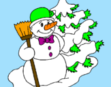 Disegno Pupazzo di neve e albero di Natale pitturato su Greta