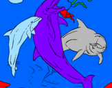 Disegno Delfini che giocano  pitturato su rossella