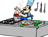 Disegno Cuoco in cucina  pitturato su maddalena