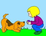 Disegno Bambina che gioca con il cagnolino  pitturato su mara