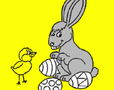 Disegno Pulcino, coniglietto e uova  pitturato su ludo