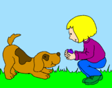 Disegno Bambina che gioca con il cagnolino  pitturato su maia