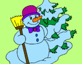Disegno Pupazzo di neve e albero di Natale pitturato su renata