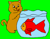 Disegno Gatto e pesce  pitturato su silvia