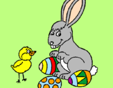Disegno Pulcino, coniglietto e uova  pitturato su nicola