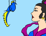 Disegno Donna con un uccello  pitturato su sara
