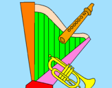 Disegno Arpa, flauto e tromba  pitturato su becky