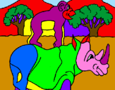 Disegno Rinoceronte e scimmietta  pitturato su neraviola