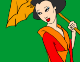 Disegno Geisha con parasole pitturato su elsa