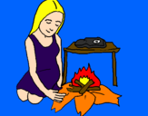 Disegno Donna che cucina  pitturato su erika