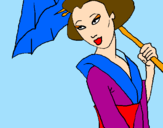 Disegno Geisha con parasole pitturato su SARA