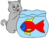 Disegno Gatto e pesce  pitturato su chiara c.