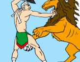 Disegno Gladiatore contro un leone pitturato su luisa