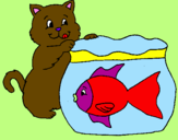 Disegno Gatto e pesce  pitturato su ilenia