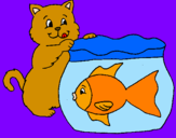 Disegno Gatto e pesce  pitturato su Camilla