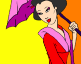Disegno Geisha con parasole pitturato su mary