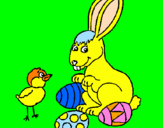 Disegno Pulcino, coniglietto e uova  pitturato su samuelle