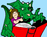 Disegno Drago, ragazza e libro pitturato su arianna