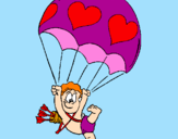 Disegno Cupido in paracadute  pitturato su marta