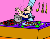 Disegno Cuoco in cucina  pitturato su asdrubale