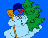 Disegno Pupazzo di neve e albero di Natale pitturato su MATTIA