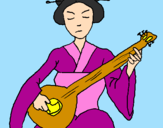 Disegno Geisha che suona il liuto  pitturato su sara