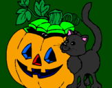 Disegno Zucca e gatto pitturato su marta