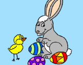 Disegno Pulcino, coniglietto e uova  pitturato su sara