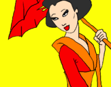 Disegno Geisha con parasole pitturato su chiara