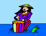 Disegno Suonatrice di bongo  pitturato su un mare di colore