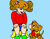 Disegno Bambina con il suo cagnolino  pitturato su giulia