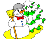 Disegno Pupazzo di neve e albero di Natale pitturato su gaia
