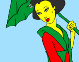 Disegno Geisha con parasole pitturato su snoopy